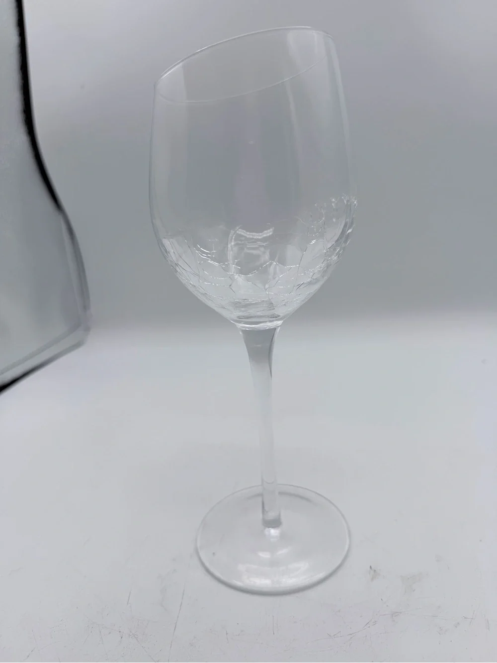 (5) Pier 1 Clear Crackle Balloon Red Wine Glass Goblet Angle Slanted Rim 8 5/8”